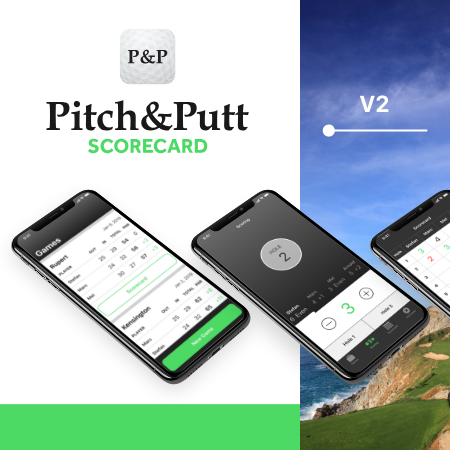 An image showing a Pitch & Putt App logo, and iPhone screens with the User Interface shown