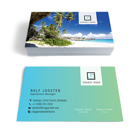 Two stacks of business cards. Front of card has a palm tree and beach with logo. The back has contact details on an aqua marine gradient background