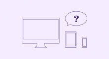 A desktop, tablet and phone with a question mark in a speech bubble