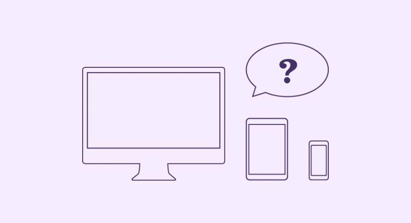 A desktop, tablet and phone with a question mark in a speech bubble