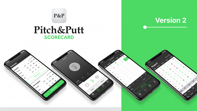 Four phone screens displaying games, scoring, and scorecard screens from a pitch and putt app