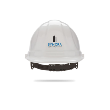 A white contruction helmet with a logo centre front